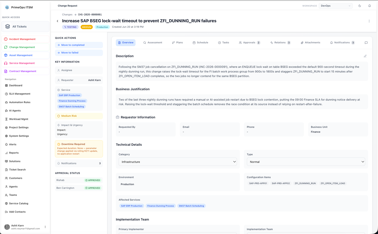 PrimeOps change request screen for a PostgreSQL production upgrade, marked approved with medium risk, showing business justification, affected service, implementation team and tabs for assessment, plans, schedule and approvals