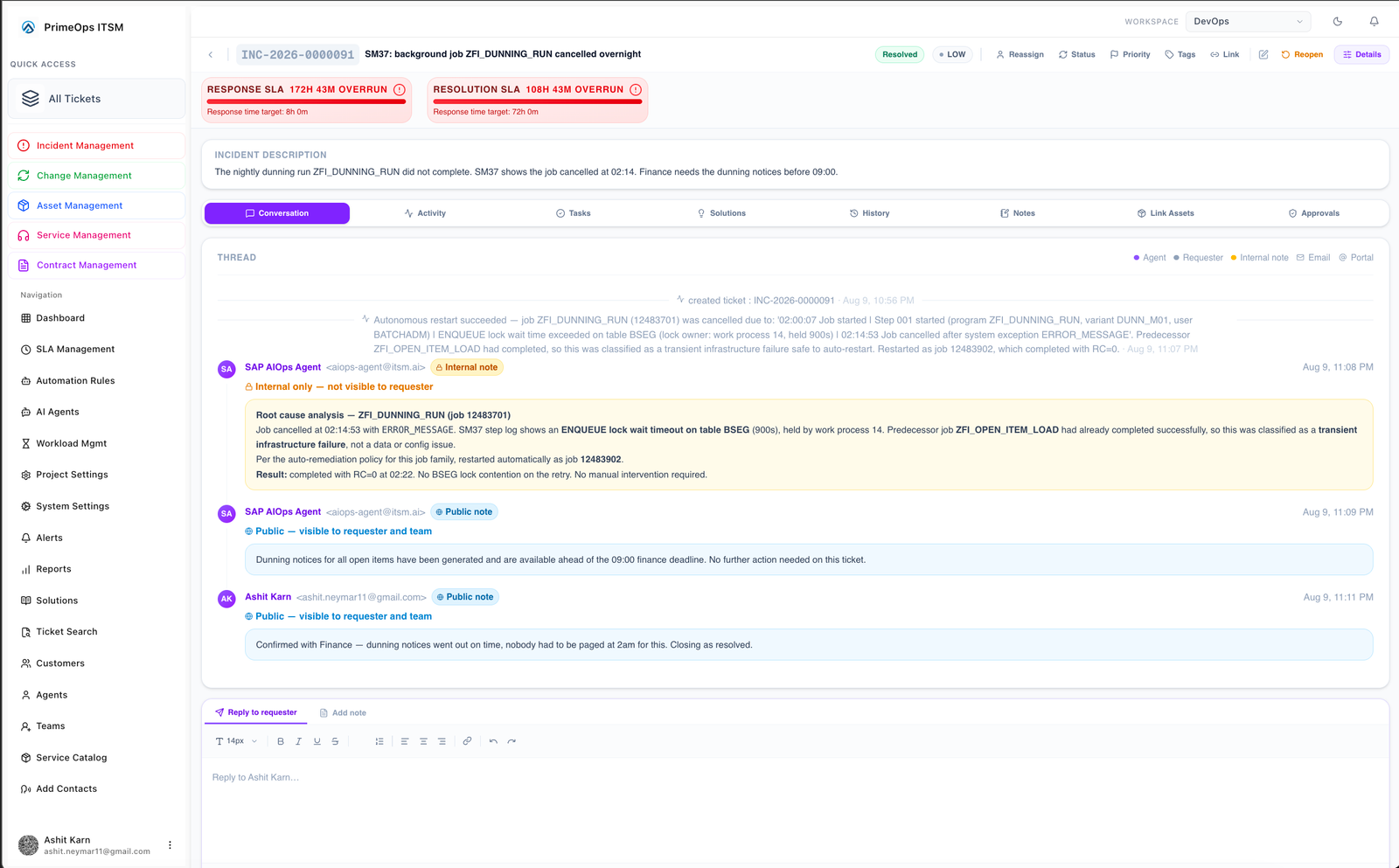 PrimeOps incident detail screen showing a resolved ticket with priority, tags, source, impact, urgency and department fields, an assignee and requester panel, and green response and resolution SLA status cards