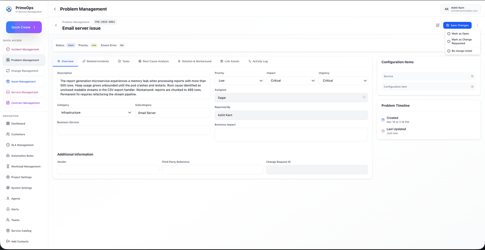 PrimeOps problem management screen for a memory leak in a reporting service, showing the root cause and workaround in the description, category and subcategory, impact and urgency, a known-error flag, and tabs for related incidents, root cause analysis and solution