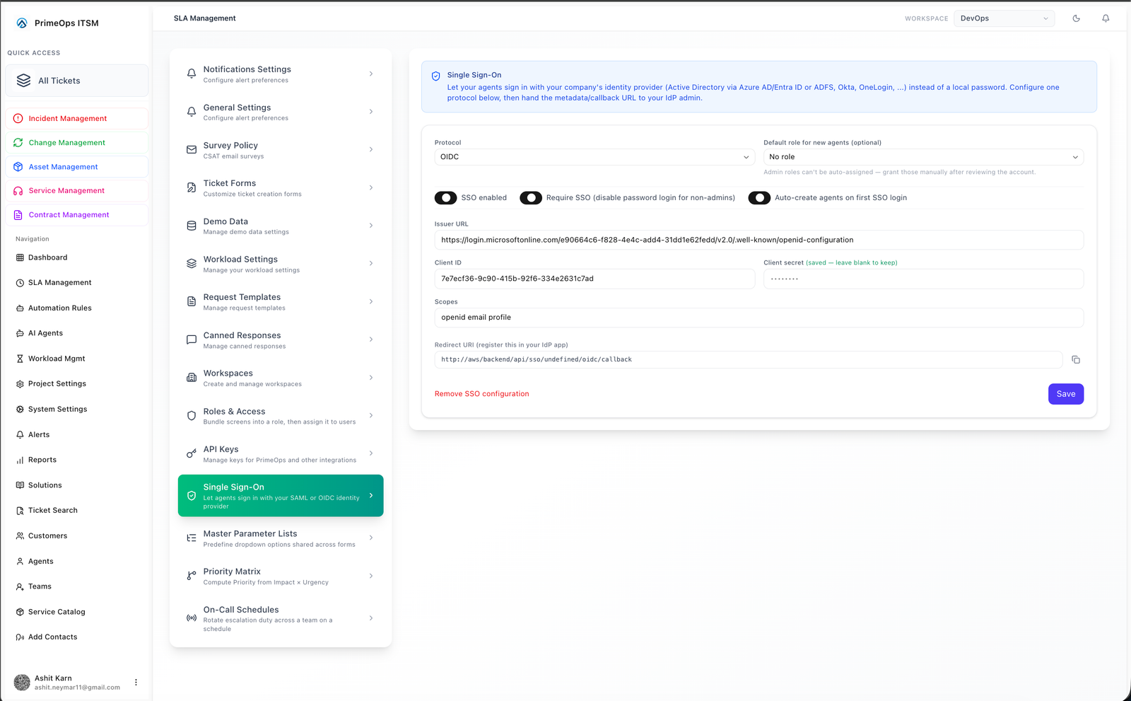 Screenshot of the single sign-on configuration screen in PrimeOps