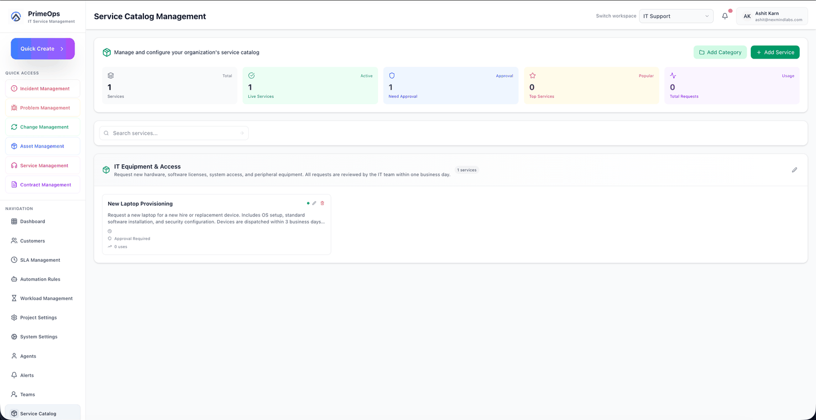 PrimeOps service catalog management screen showing counters for total, live and approval-gated services, a searchable list, and an IT Equipment and Access category containing a New Laptop Provisioning service marked approval required